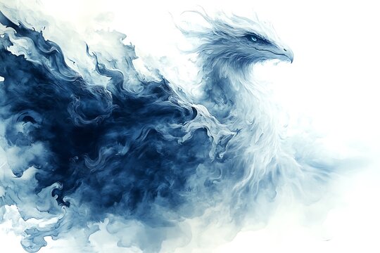 A majestic blue avian creature emerging from swirling misty vapor