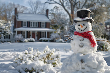 A snowman wearing a top hat and a red scarf, standing in a snow-covered backyard with a cozy house in the background.