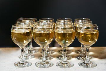 White wine glasses arranged for event service.