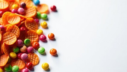 Obraz premium Pile of colorful chips and candy on white background, isolated, snack