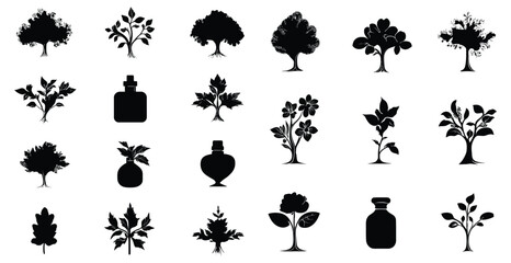 Black And White Silhouette Collection Of Trees Flowers And Cosmetic Bottles
