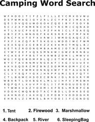 Camping Word Search Puzzle Tent, Firewood, Marshmallow, River