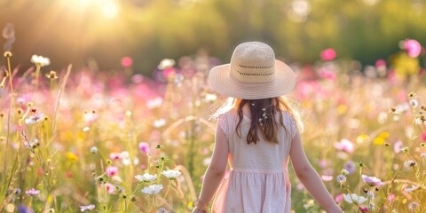 A Little Girl in a Flower Field at Sunset