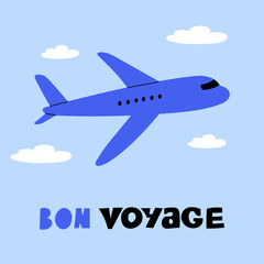 Vector illustration of an airplane flying in the sky with Bon Voyage text. Minimalist flat design, perfect for travel, aviation, air journeys, vacations, and adventure themes. Ideal for posters prints