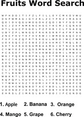 Fruits Word Search Puzzle Apple, Banana, Orange, Mango, Grape, Cherry