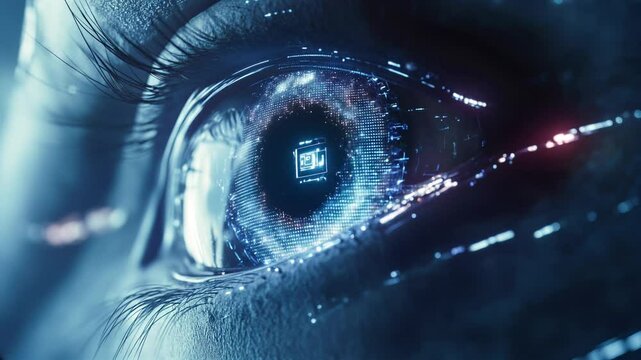 Ojo se abre con interfaz futurista HUD &ndash; Escaneo biom&eacute;trico y visi&oacute;n de inteligencia artificial