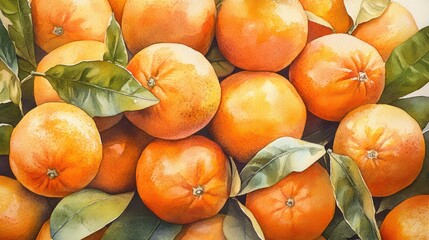 A close-up shot of a pile of vibrant oranges with green leaves, evoking a sense of freshness and abundance watercolor painting illustration