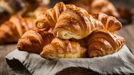 A photo of a basket filled with golden, flaky croissants.