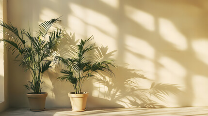 Fototapeta premium Morning shadows of potted plants on wall indoor space natural light tranquil environment serene viewpoint botanical concept