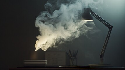 Desk humidifier vapor, night office, calm mood, relaxation