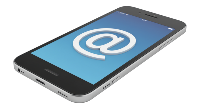 Isolated Smartphone Displaying a White At Sign on a Blue Screen