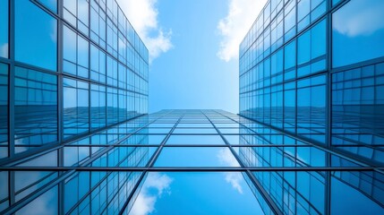 Low angle view of modern glass skyscrapers reflecting blue sky and clouds.