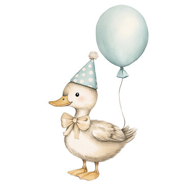 duck with ballon as birthday greeting isolated on transparent background