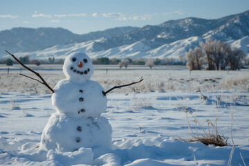 A snowman with stick arms and a coal smile, surrounded by a fresh layer of snow in an open field with mountains in the distance.