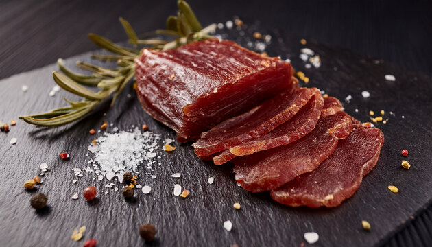 Tasty dried meat with spices on black slate. Delicious snack. Cooking and culinary concept.