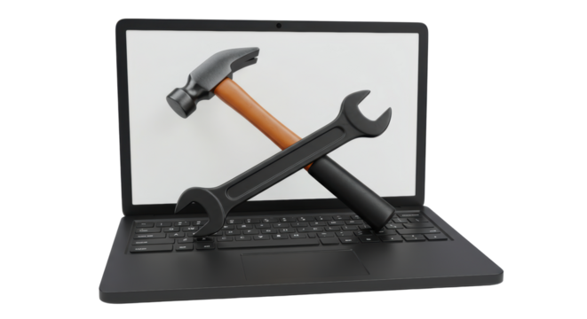 Isolated Conceptual Laptop Repair Illustration with Hammer and Wrench