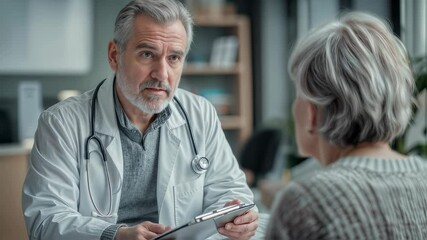 Experienced cardiologist gently explains diagnosis to elderly female patient during consultation. Trust, warmth, professional care in medicine, cardiologist expertise supports senior heart health