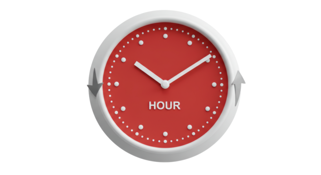 Isolated Red Wall Clock with Hour Text and Arrows indicating Time