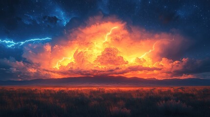 Fototapeta premium Fiery Storm Over Plains at Sunset
