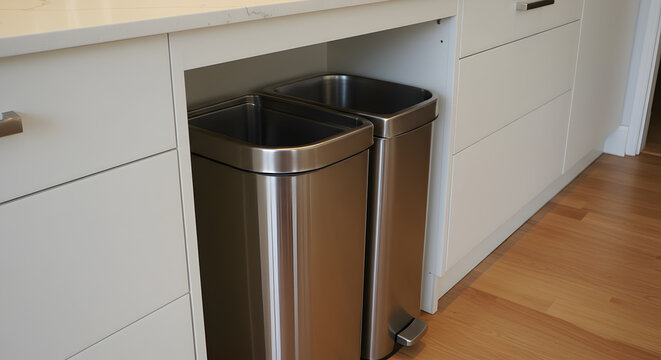 Stainless Steel Trash Bins Under Clean Counter in Modern Kitchen