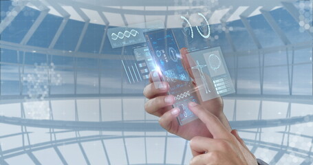 In school, person using futuristic transparent smartphone with holographic interface