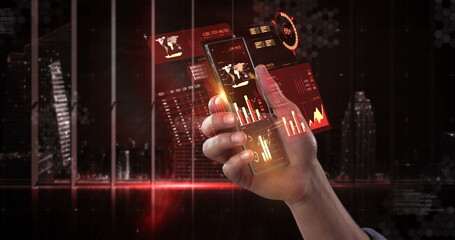 Hand holding smartphone with futuristic digital interface displaying financial data © vectorfusionart