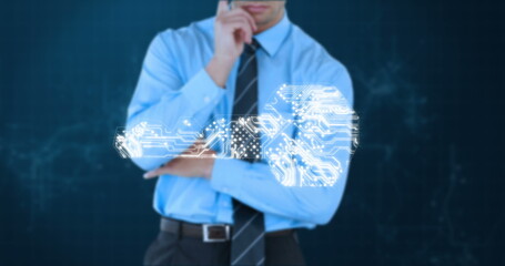 Businessman in blue shirt contemplating digital cloud computing technology concept
