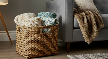 Fototapeta premium Woven Storage Basket Holding Throw Blankets by a Sofa in a Cozy Room