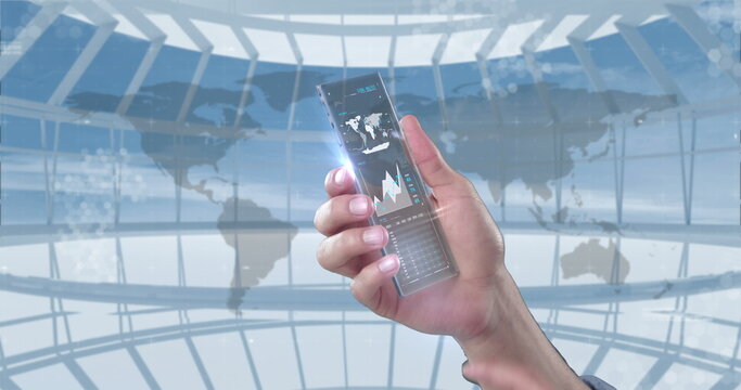 Hand holding futuristic transparent smartphone displaying global data and analytics - Powered by Adobe