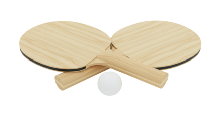 Isolated Pair of Wooden Ping Pong Paddles with White Ball for Table Tennis Game