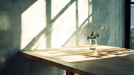 Sunlight casting shadows on wooden table afternoon still life natural light close-up serenity