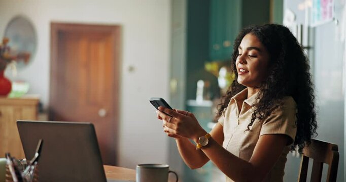 Remote work from home, smartphone and woman with internet, creative and social media. Apartment, person and entrepreneur with ecommerce, online selling and business owner with message to contact