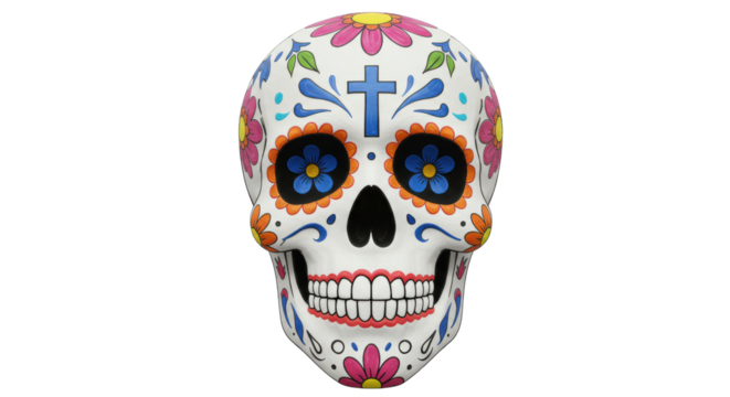 Isolated Day of the Dead Skull with Colorful Floral Designs Celebrating Tradition