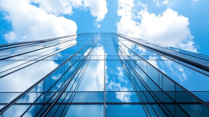 Low-angle view of a modern glass skyscraper reflecting a blue sky with clouds.