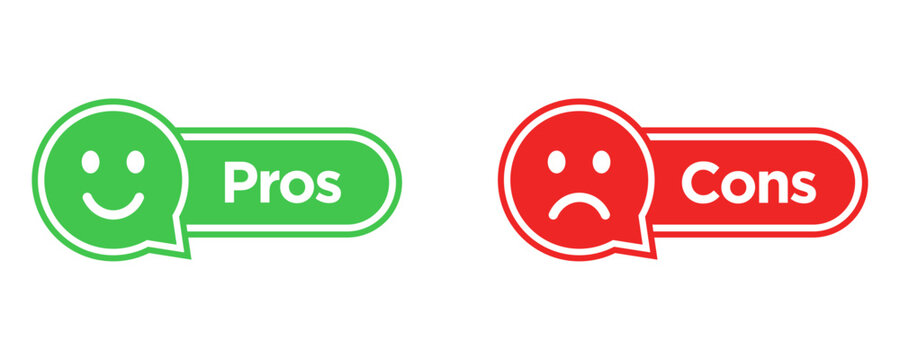 Pros and cons icons with green and red speech bubbles featuring happy and sad emoji faces. Vector infographic labels for comparison, decision-making, product reviews, for presentations and reports.