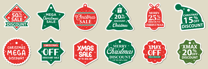 Christmas Sale Tags, Festive Holiday Discount Labels, Xmas Shopping Offer Stickers, Promotional Holiday Price Tags, Christmas Discount Badges, New Year Sales Signs, Holiday Clearance Price Labels