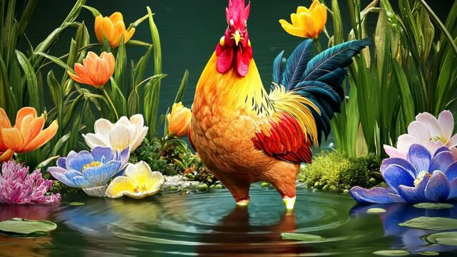 Colorful rooster standing in a pond surrounded by vibrant flowers in a serene garden setting