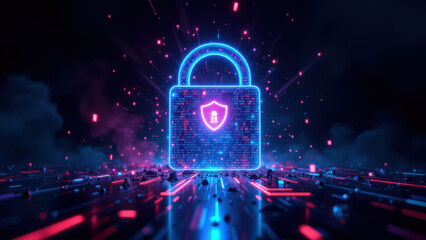 Fototapeta premium Cybersecurity lock with digital glitch effect.
