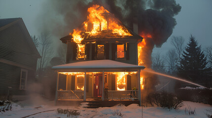 Dramatic house fire engulfs home with intense flames and billowing smoke