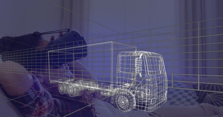 Image of 3d technical drawing of truck, over woman at home wearing vr headset