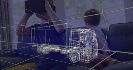 Image of 3d technical drawing of truck, over boy at home wearing vr headset