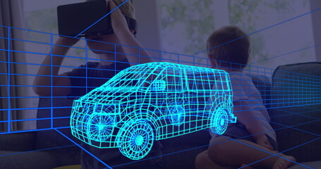 Image of 3d technical drawing of van, over boy at home wearing vr headset