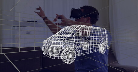 Image of 3d technical drawing of van, over man at home wearing vr headset