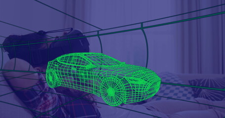 Image of 3d technical drawing of car, over woman at home wearing vr headset
