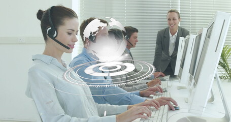 Image of network of connections over smiling caucasian office workers wearing headsets