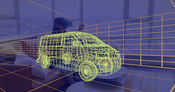 Image of 3d technical drawing of van, over woman at home wearing vr headset