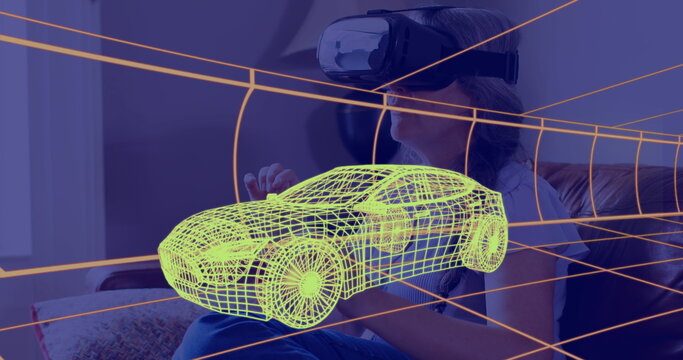 Image of 3d technical drawing of car, over woman at home wearing vr headset