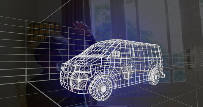 Image of 3d technical drawing of van, over man at home wearing vr headset