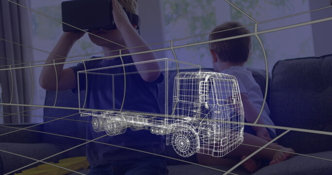 Image of 3d technical drawing of truck, over boy at home wearing vr headset