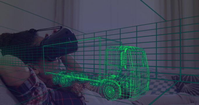 Image of 3d technical drawing of truck, over woman at home wearing vr headset